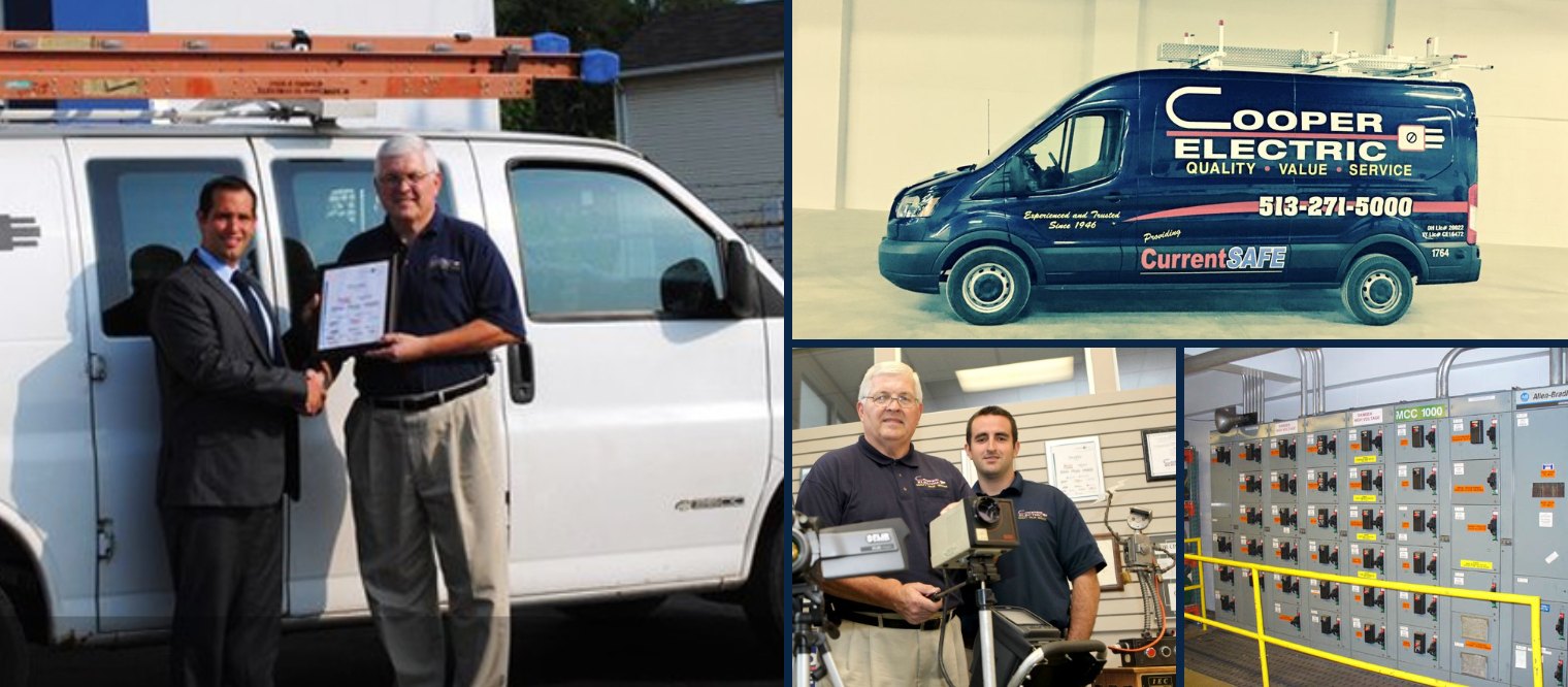 Greg Hyland receiving an award beside a Cooper Electric van, a Cooper Electric service van, Greg and a team member with thermal imaging cameras, and an industrial motor control center