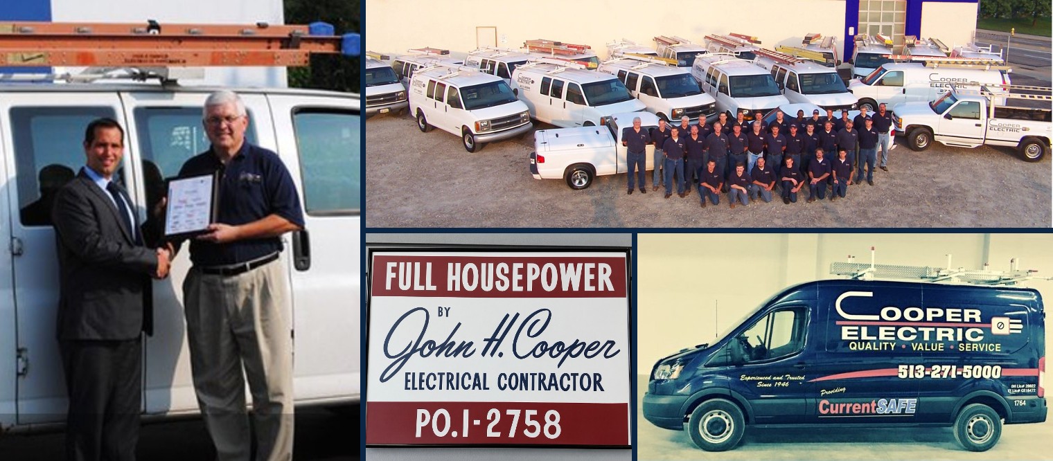 Greg Hyland receiving an award beside a Cooper Electric van, the Cooper Electric team with the company fleet, a vintage John H. Cooper Electrical Contractor sign, and a Cooper Electric service van